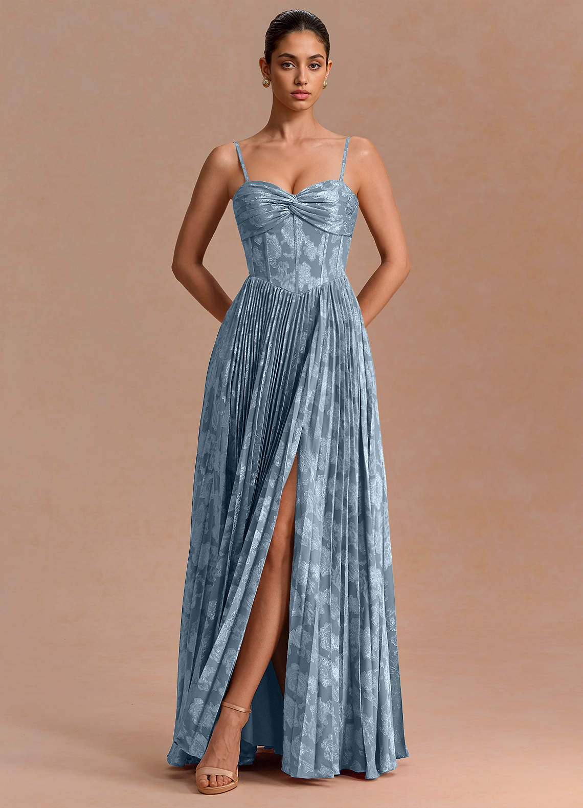 Delfina A-Line Twisted-Bust Fil Coupé Evening Dress in Dusty Blue