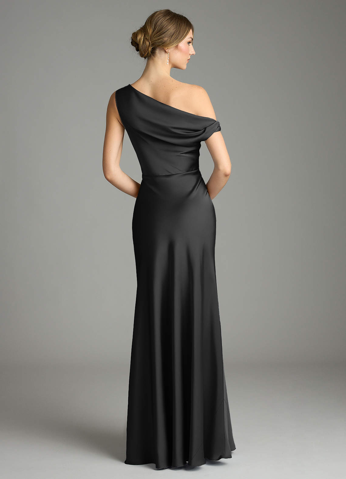 Emerson Mermaid One-Shoulder Stretch Satin Bridesmaid Dress in black