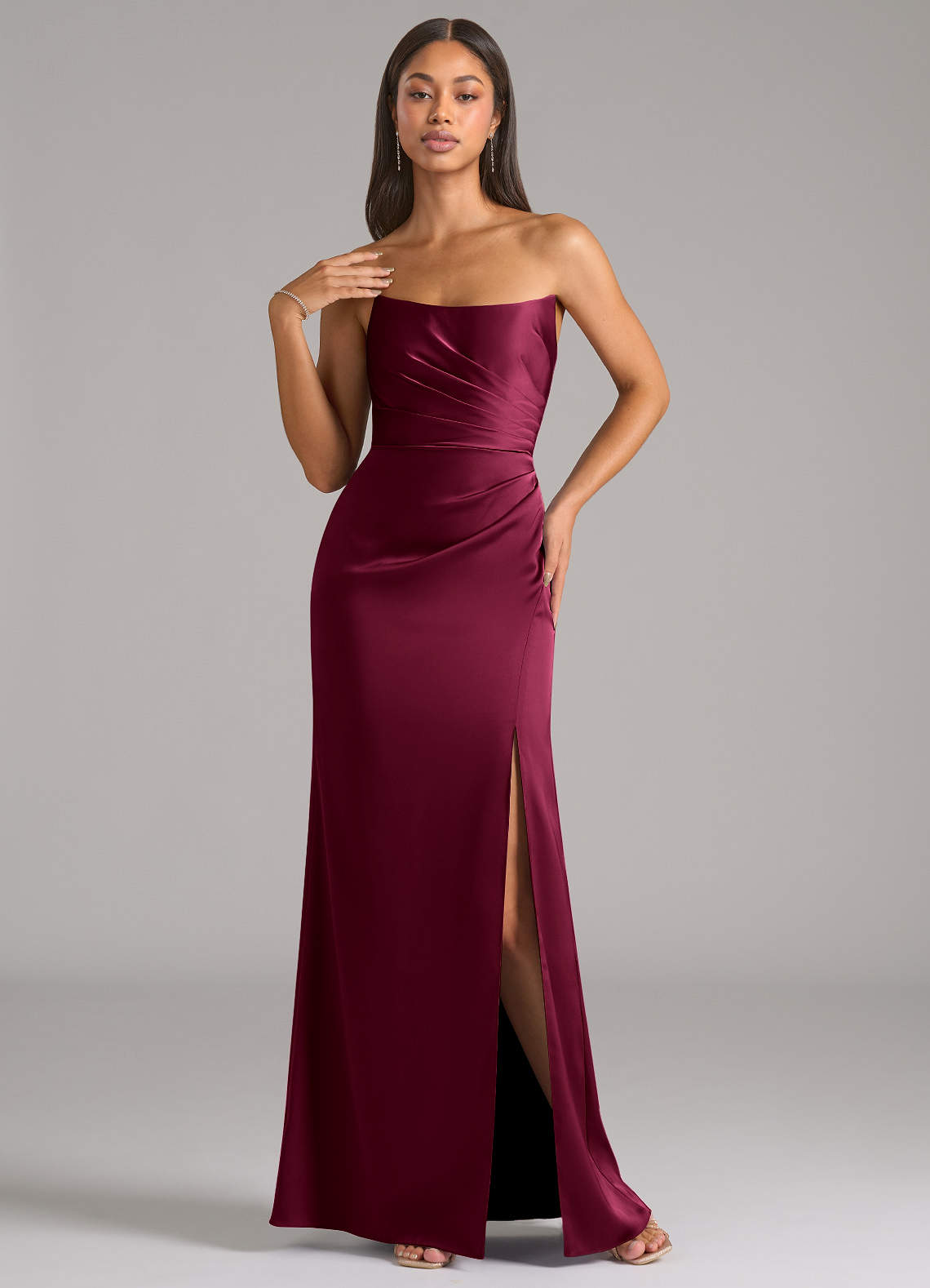 Marla Sheath Strapless Stretch Satin Bridesmaid Dress in Burgundy