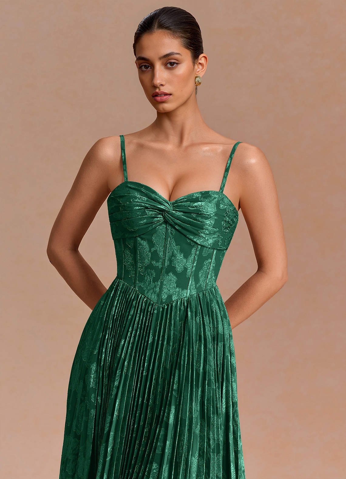 Delfina A-Line Twisted-Bust Fil Coupé Evening Dress in Hunter Green