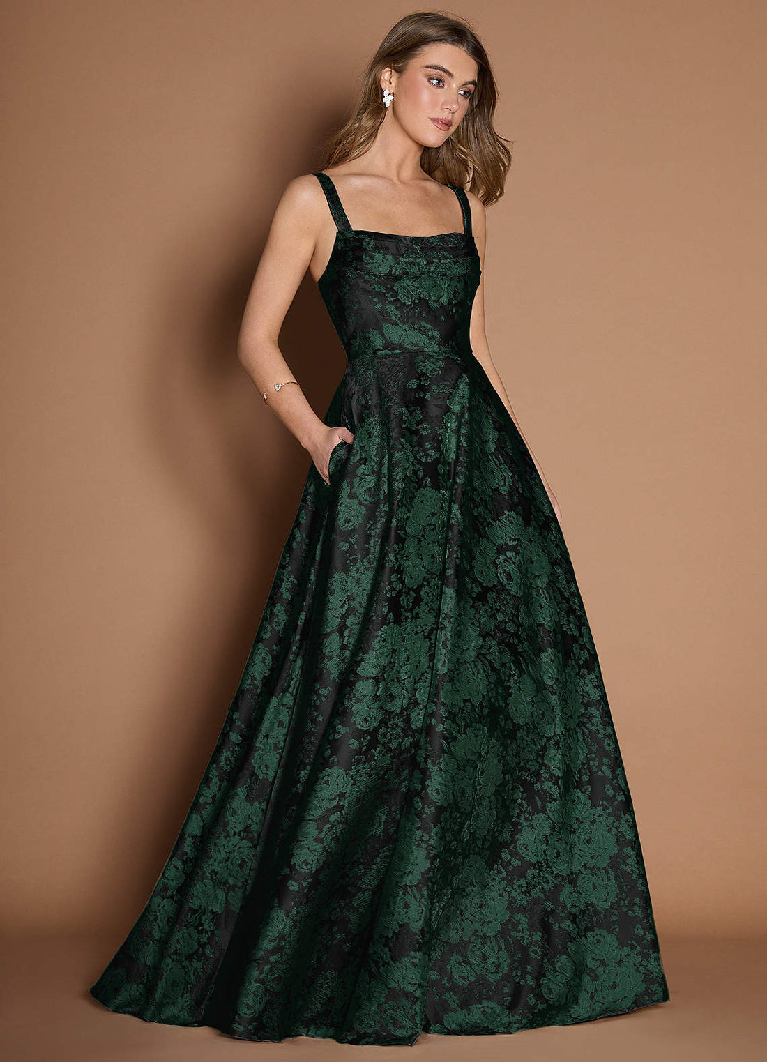 Lilla A-Line Pleated Jacquard Taffeta Evening Dress in Emerald Black