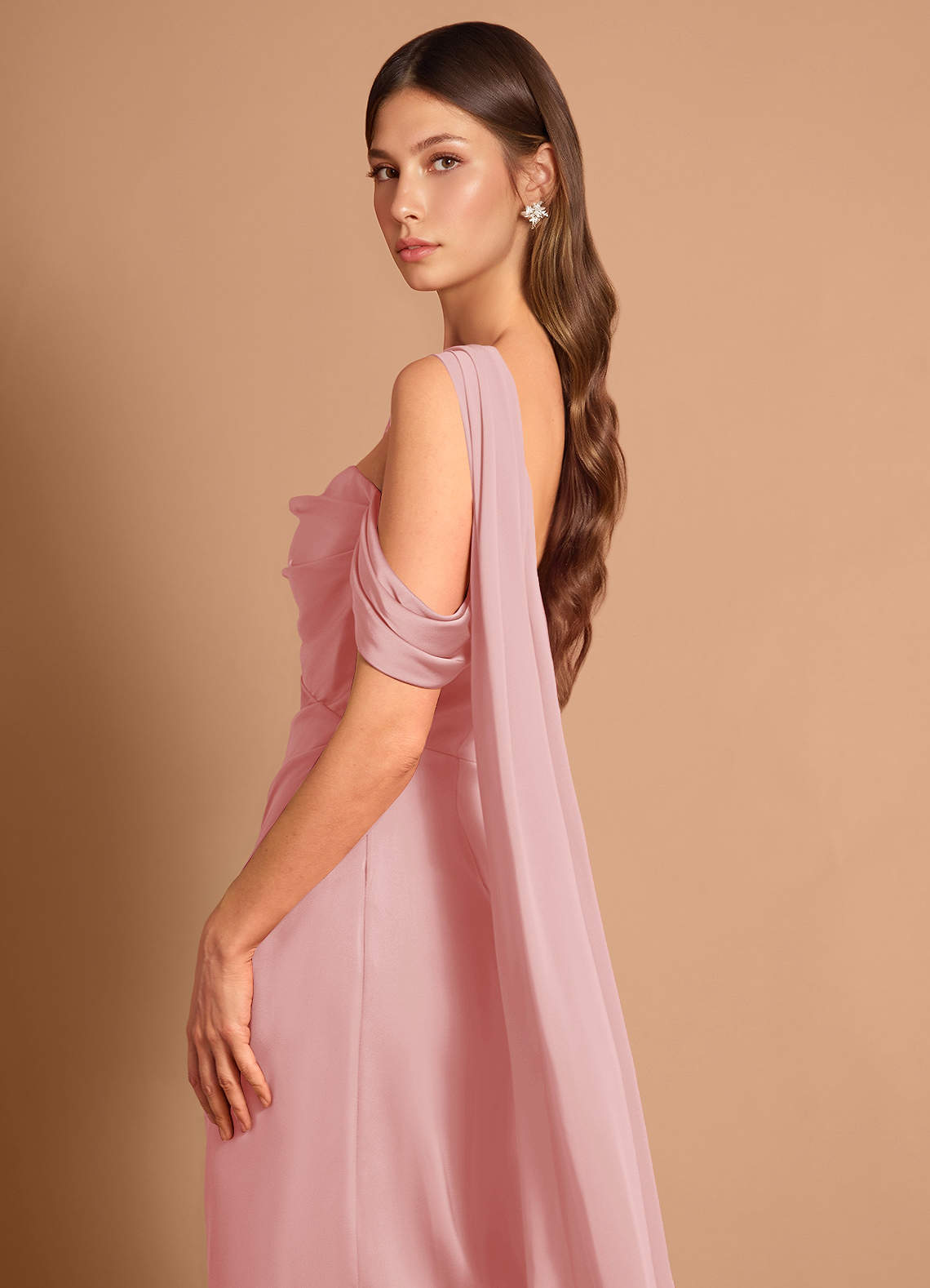 Meliora Asymmetric Strapless Chiffon-Drape Stretch Satin Evening Dress in Haze Pink