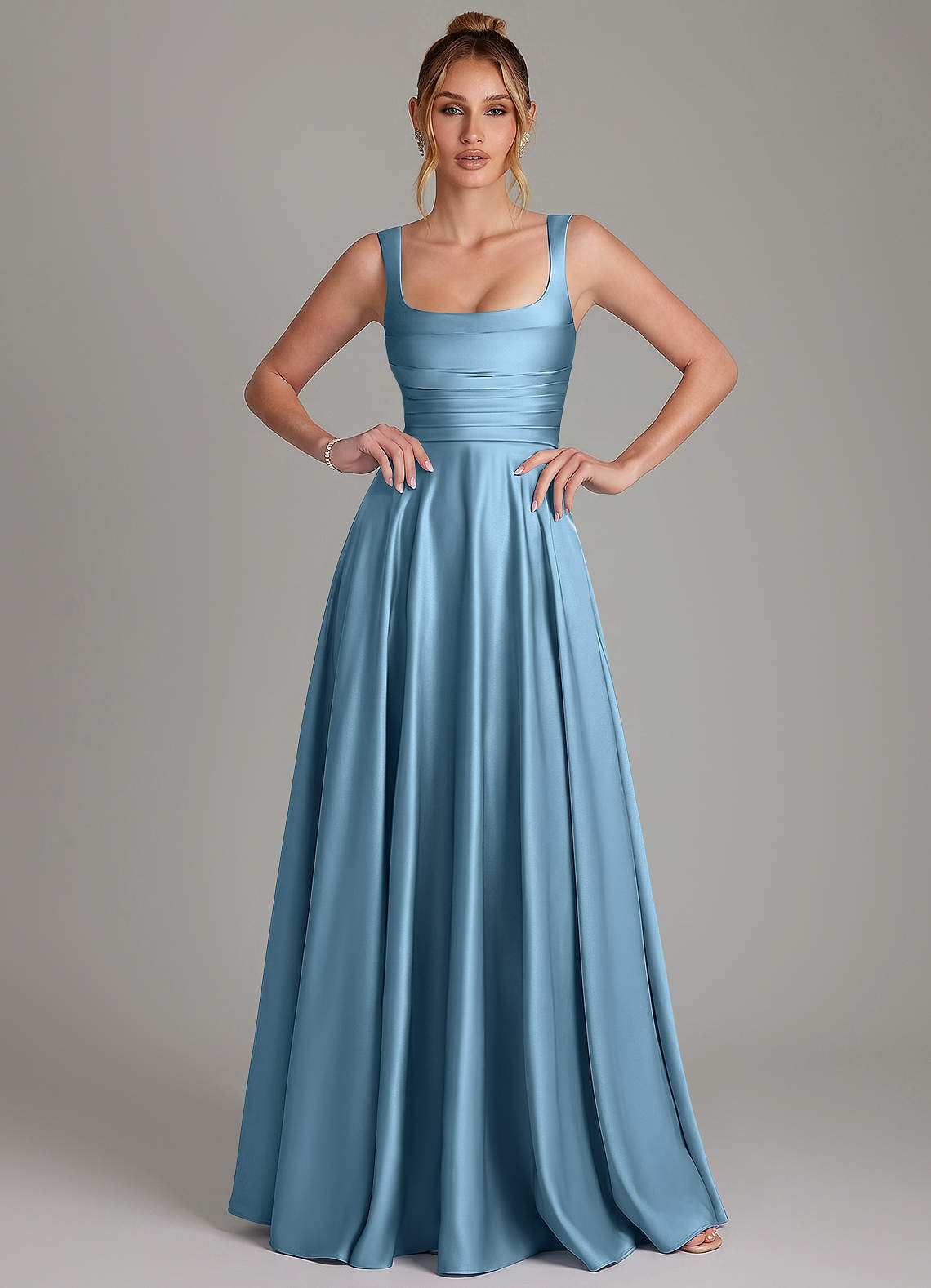 Azaria A-Line Square-Neck Stretch Satin Bridesmaid Dress in Steel Blue
