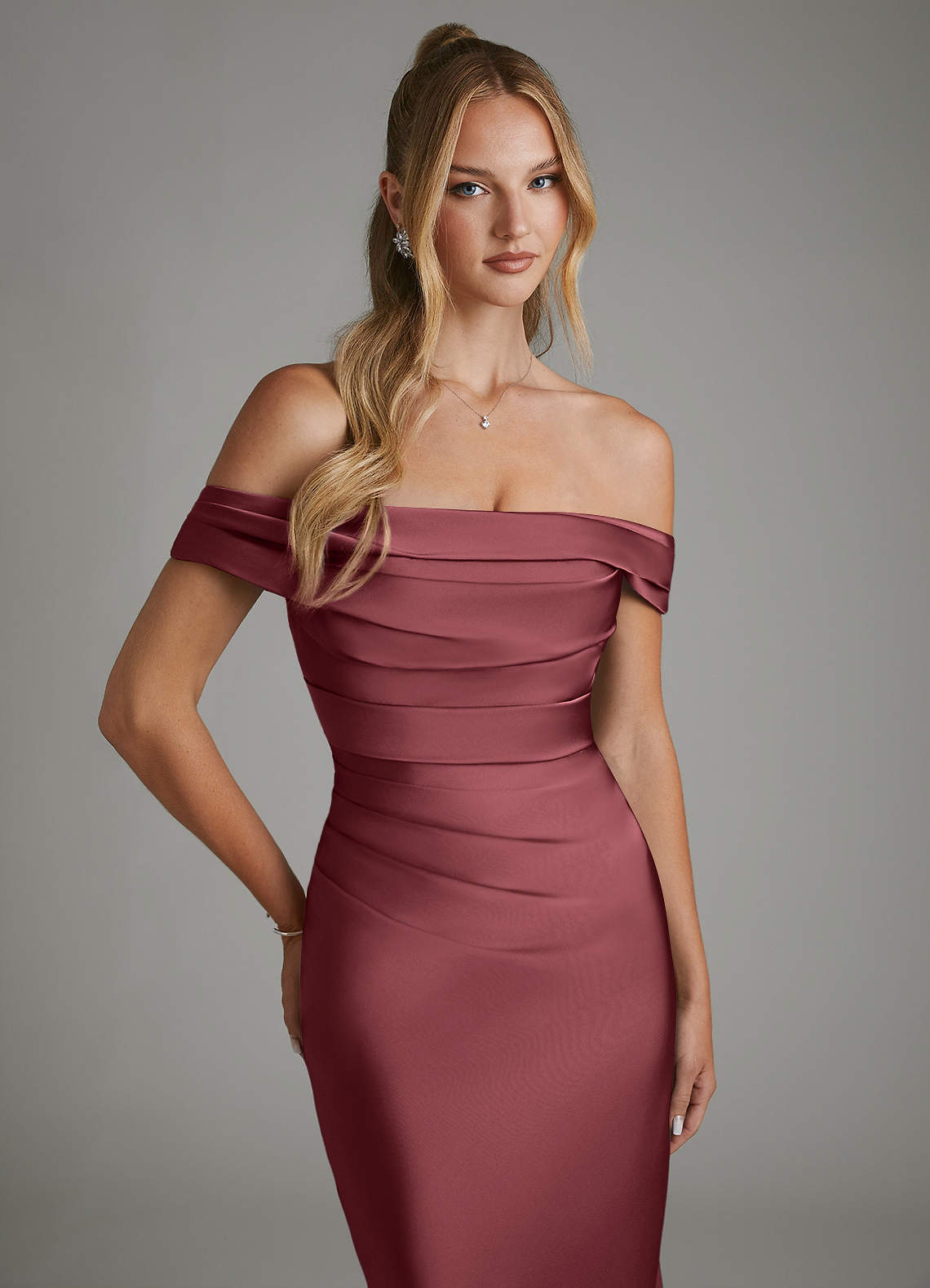 Hayden Mermaid Off-the-Shoulder Stretch Satin Bridesmaid Dress in Merlot