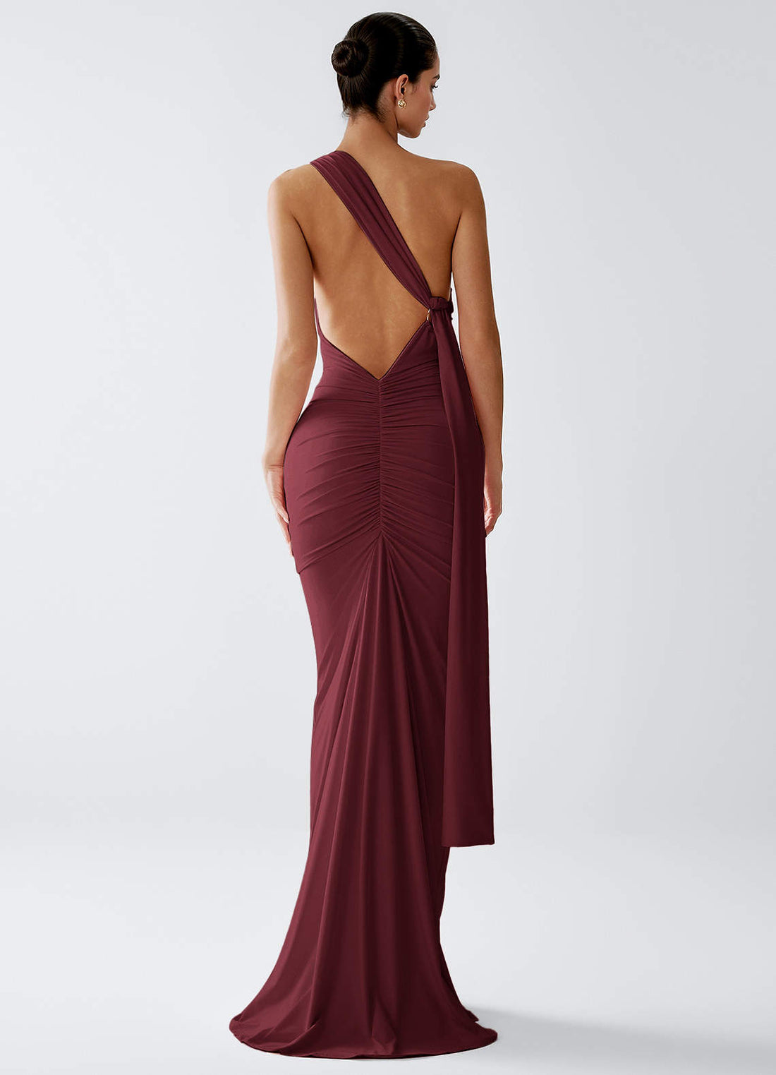 Lydia Mermaid One-Shoulder Matte Knit Evening Dress in Cabernet