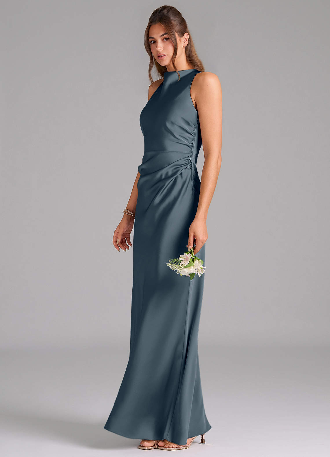 Evadne Sheath Scoop-Neck Stretch Satin Bridesmaid Dress in Twilight