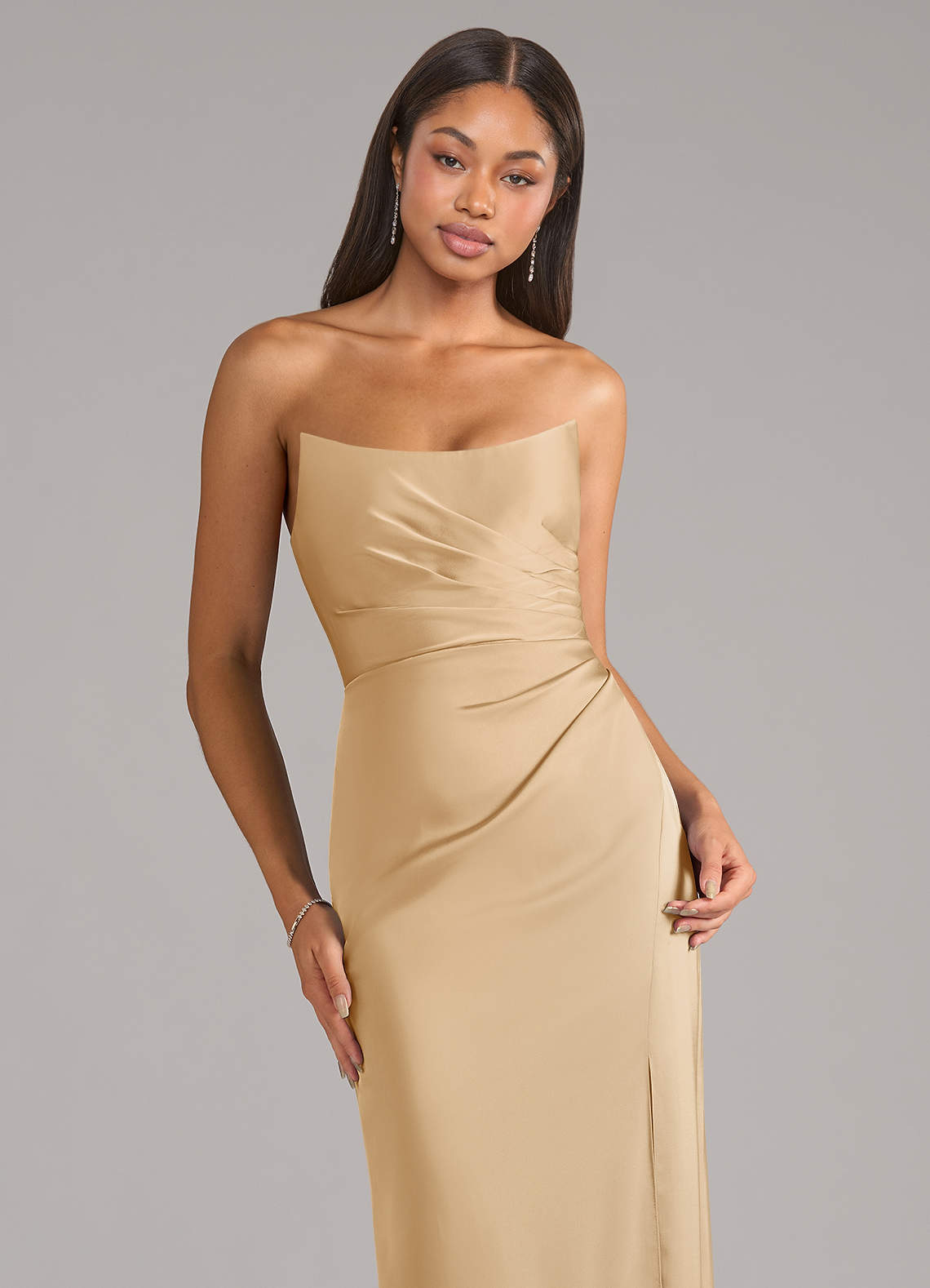 Marla Sheath Strapless Stretch Satin Bridesmaid Dress in Gold