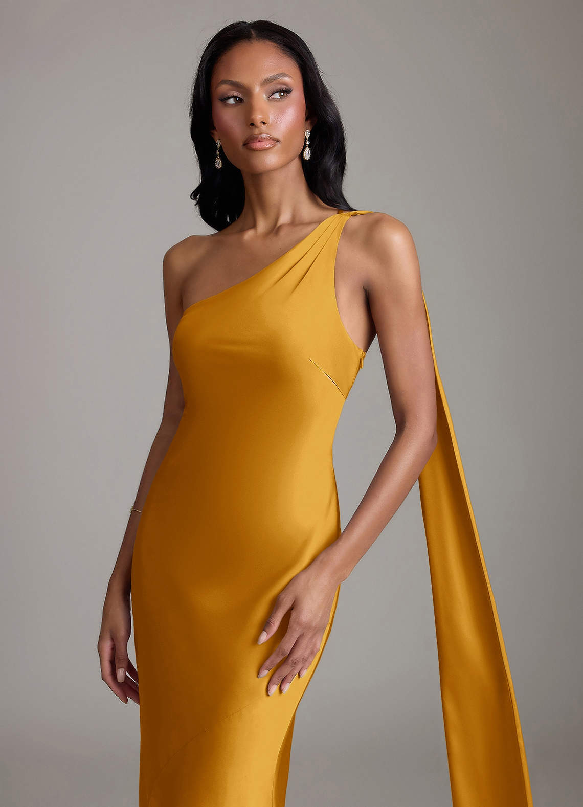 Juniper Mermaid One-Shoulder Stretch Satin Bridesmaid Dress in butterscotch