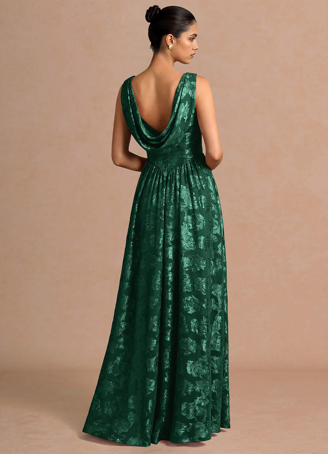 Novi A-Line Draped-Neck Floral Fil Coupé Evening Dress in Hunter Green