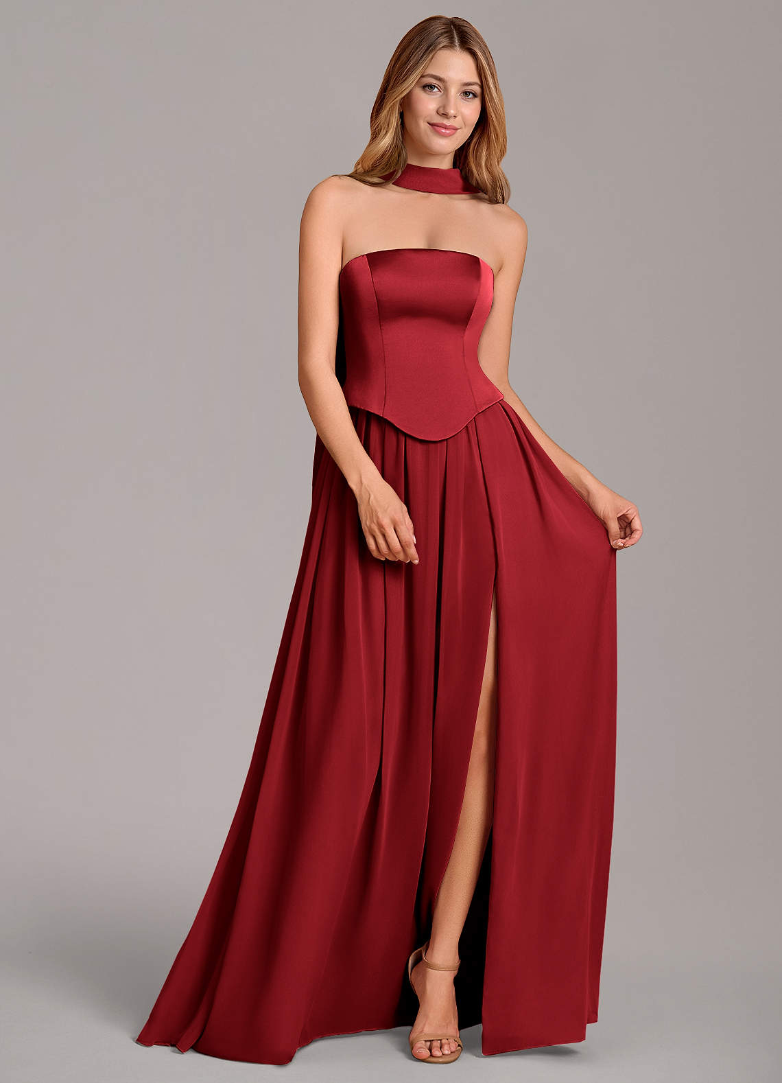Cadence A-Line Strapless Chiffon and Stretch Satin Bridesmaid Dress in Scarlet