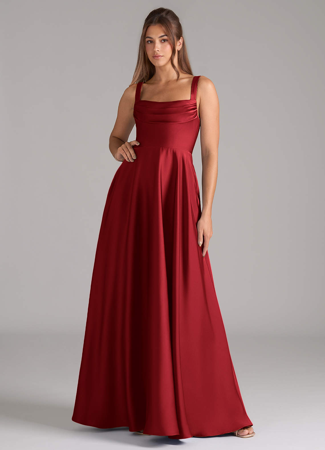 Shaude A-Line Square-Neck Stretch Satin Bridesmaid Dress in Scarlet
