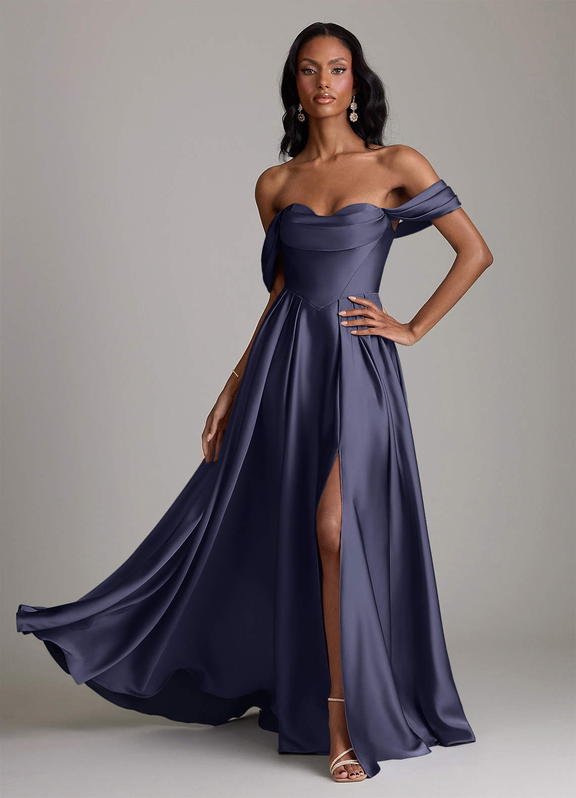 Loisa A-Line Off-the-Shoulder Stretch Satin Bridesmaid Dress in Stormy