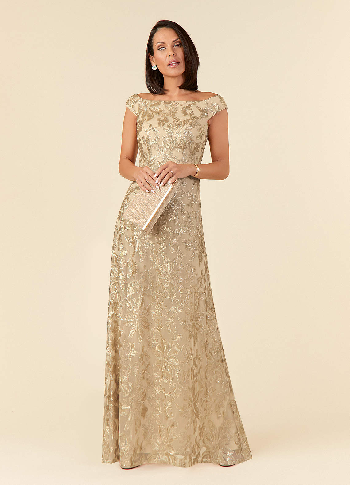Porcelain A-Line Off-the-Shoulder Lace Mother of the Bride Dress in champagne