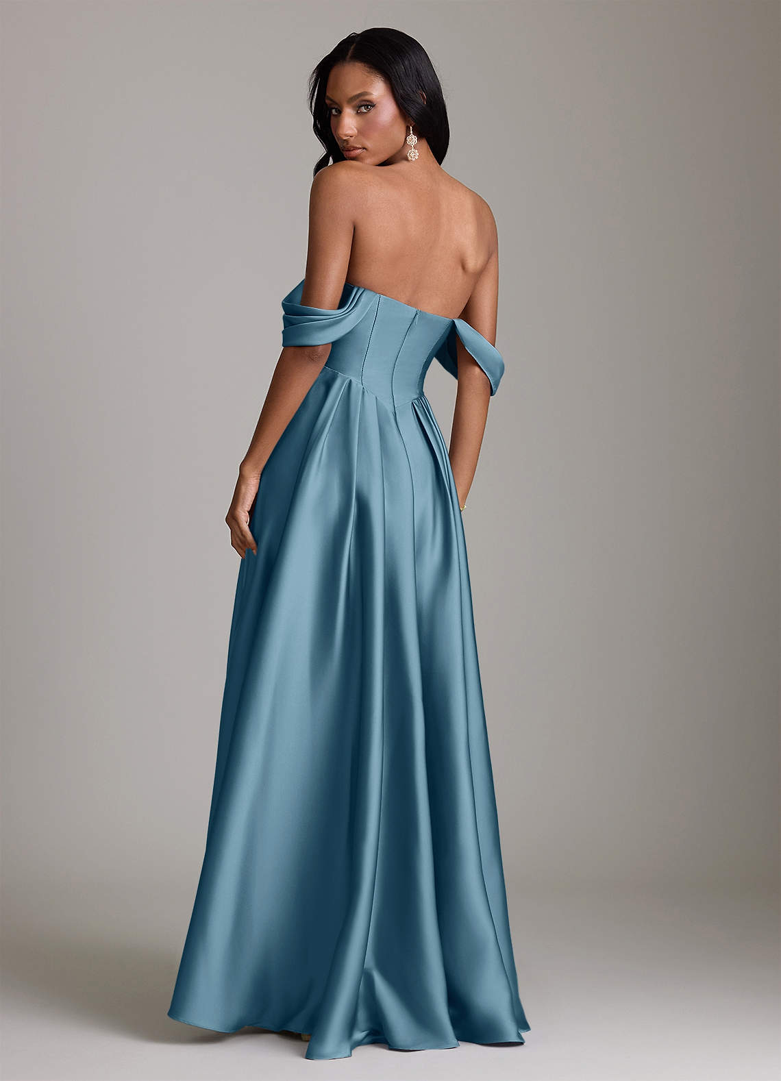 Loisa A-Line Off-the-Shoulder Stretch Satin Bridesmaid Dress in Bermuda
