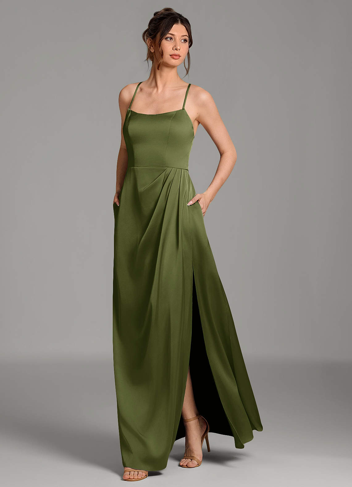 Frankie A-Line Scoop-Neck Stretch Satin Bridesmaid Dress in Olive