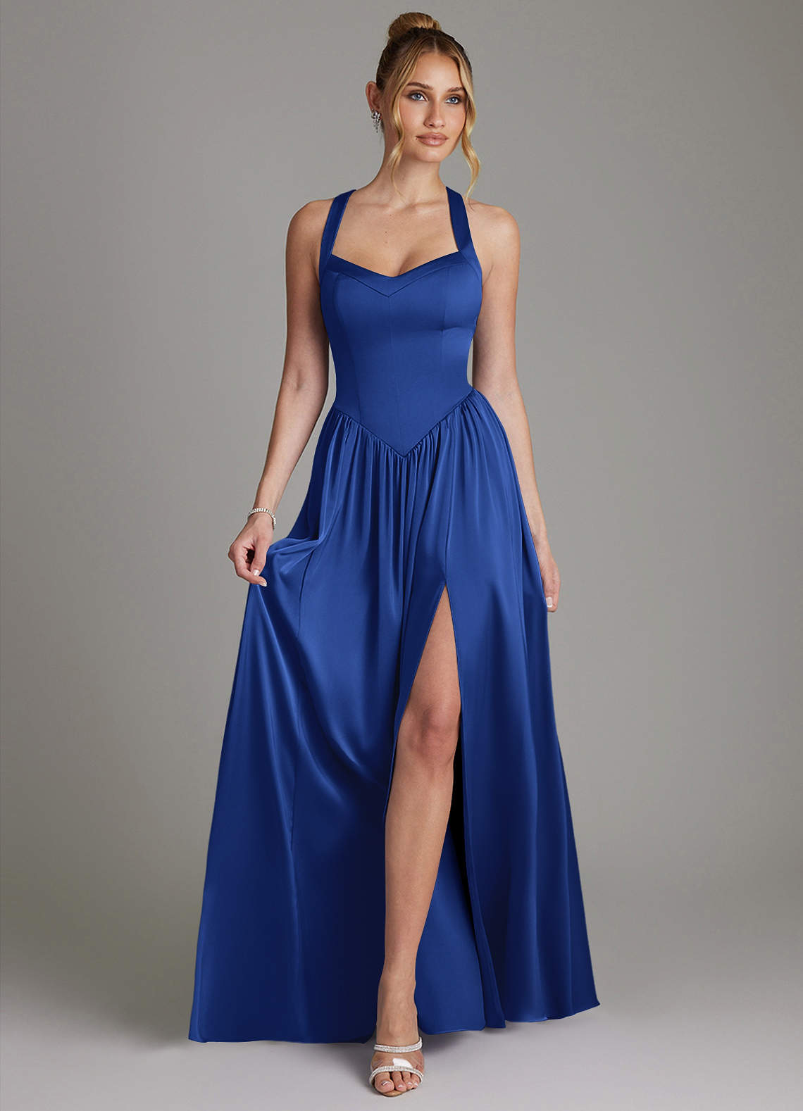 Francis A-Line V-Neck Stretch Satin Bridesmaid Dress in Royal Blue