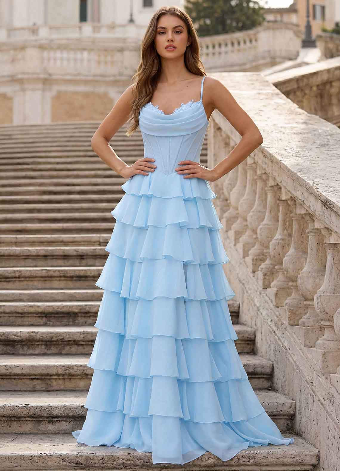 Floralace A-Line Ruffle Chiffon Evening Dress in Sky Blue