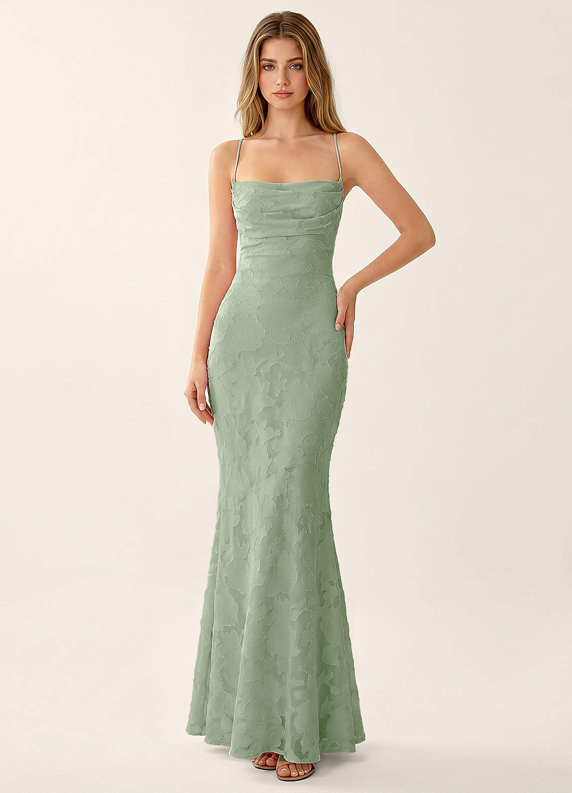 Natasha Mermaid Spaghetti-Strap Floral Burnout Evening Dress in Light Green