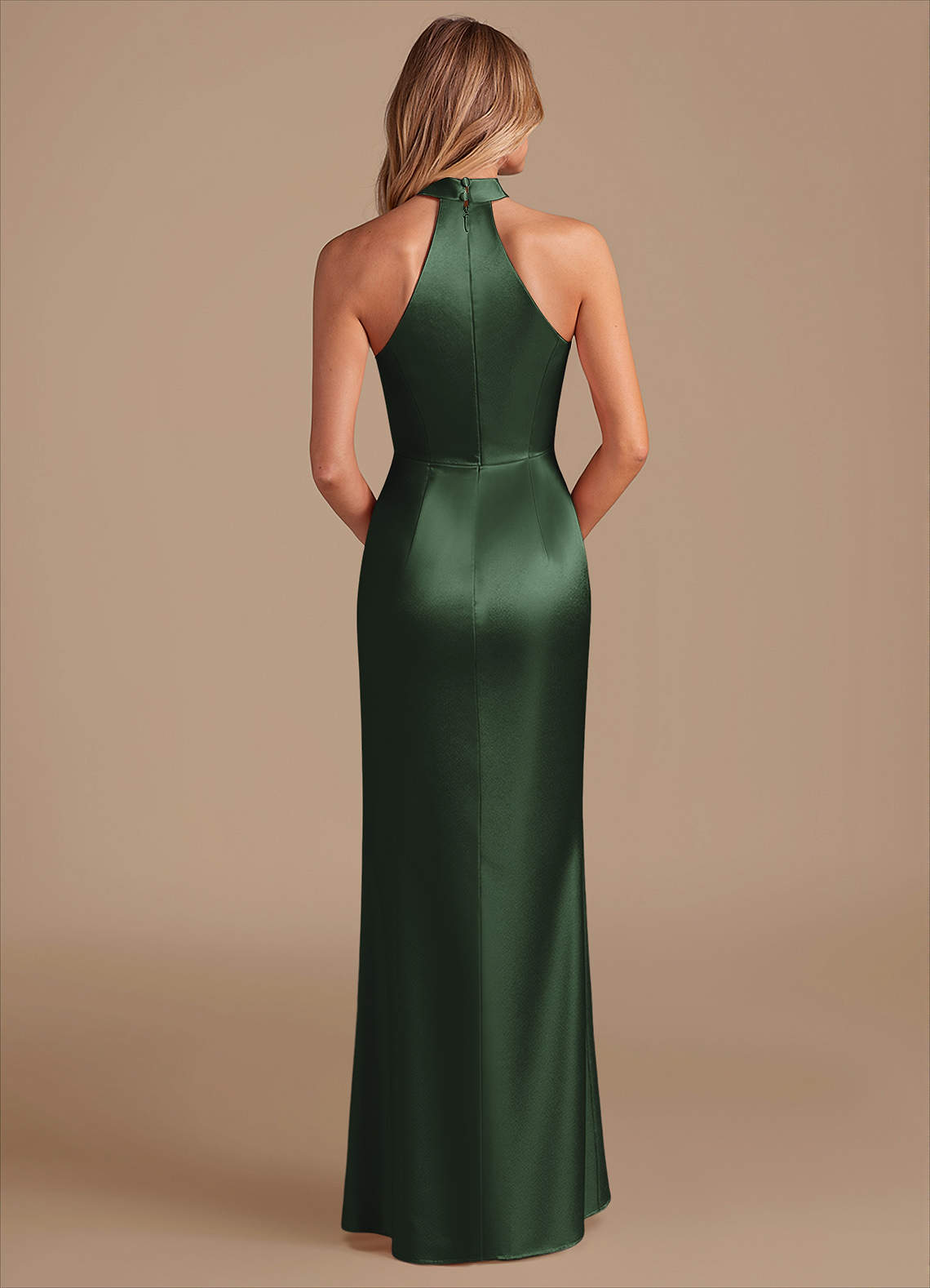 Karlotta Sheath Halter-Neck Metallic Satin Bridesmaid Dress in Eucalyptus