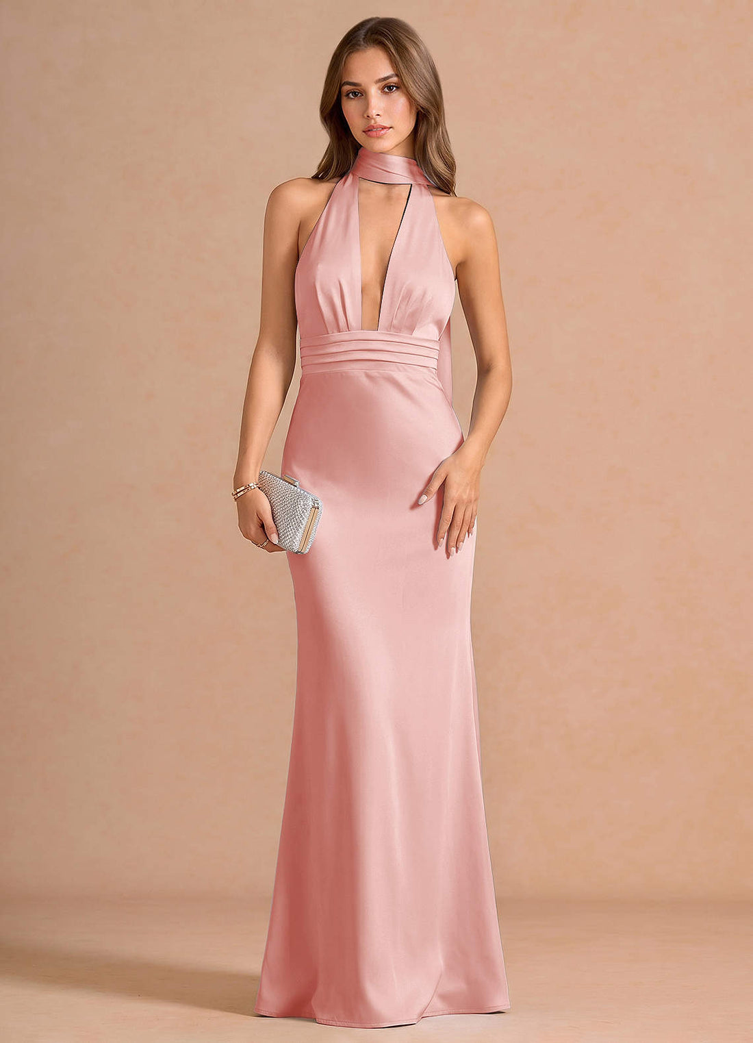 Linnea A-Line V-Neck Stretch Satin Evening Dress in Haze Pink