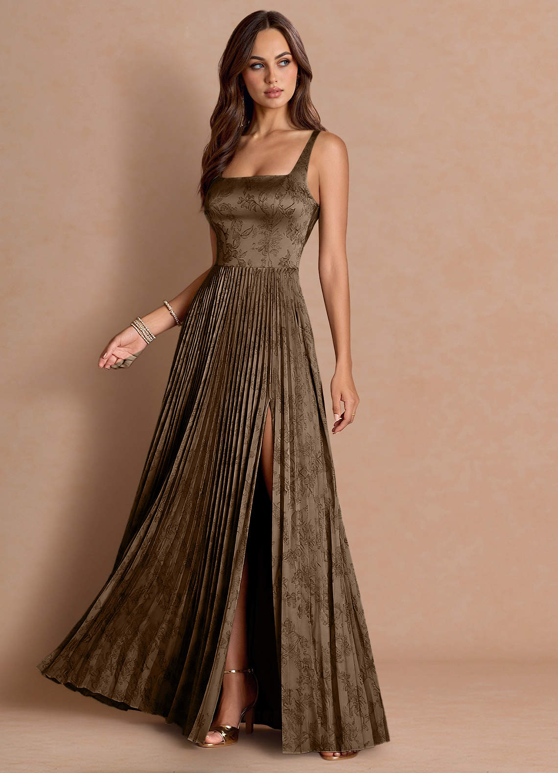Tatiana A-Line Square-Neck Jacquard Wedding Guest Dress in Coffee Brown