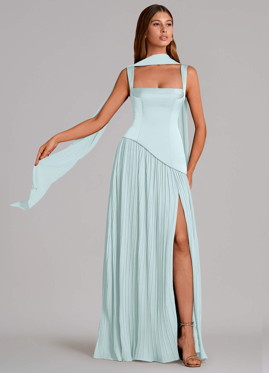 Stephanie A-Line Square-Neck Stretch Satin and Chiffon Bridesmaid Dress in Sea Glass