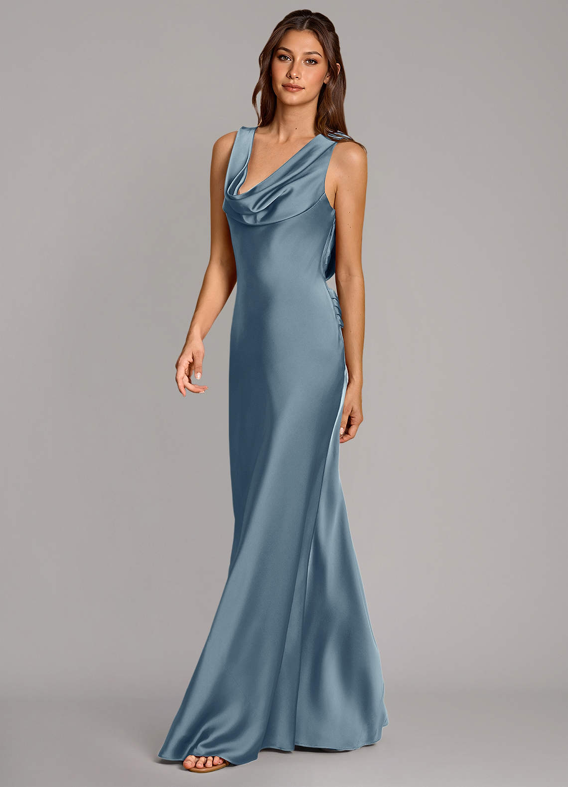 Cheryl Mermaid Cowl-Neck Stretch Satin Bridesmaid Dress in dusty blue