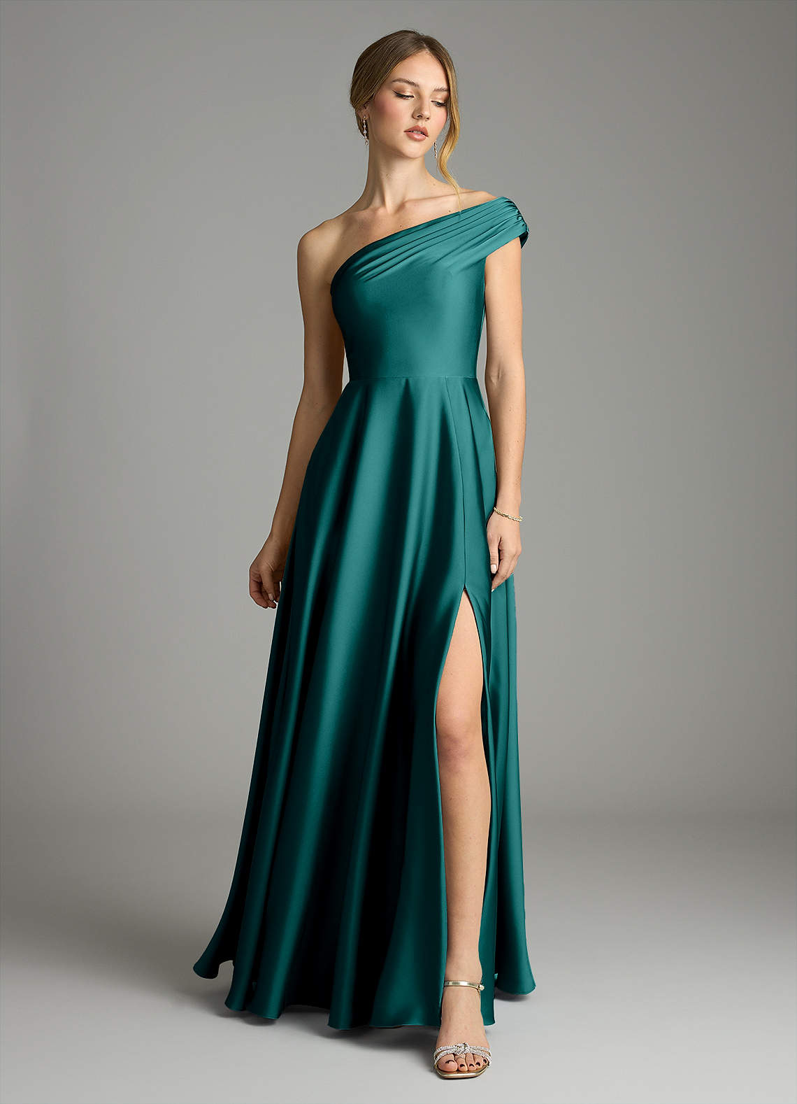 Melanie A-Line One-Shoulder Stretch Satin Bridesmaid Dress in Peacock