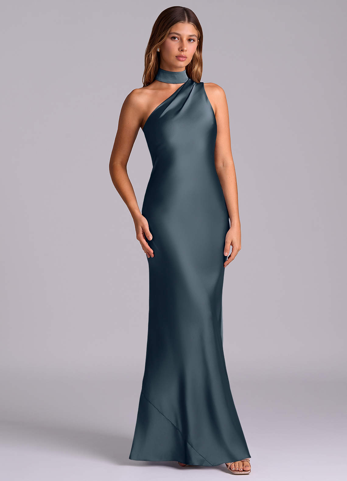 Seona Mermaid One-Shoulder Stretch Satin and Tulle Bridesmaid Dress in Twilight
