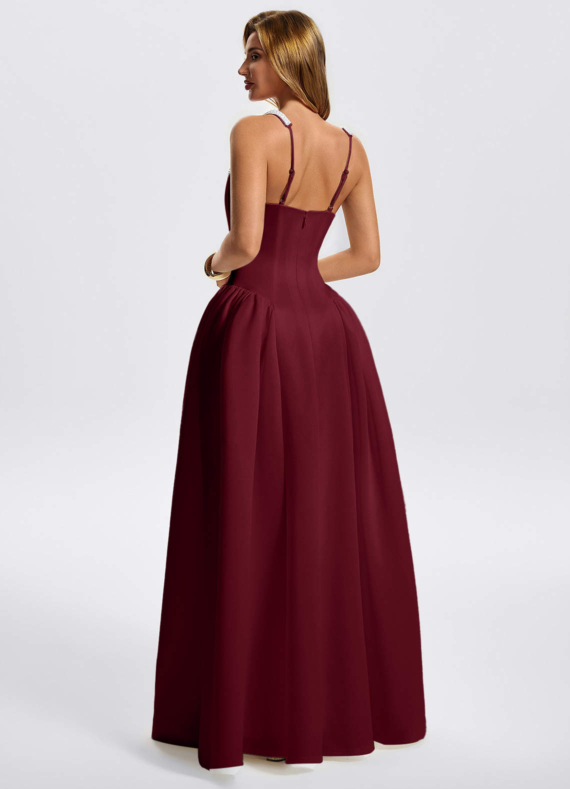 Kaelin A-Line Square-Neck Stretch Knit Evening Dress in Burgundy