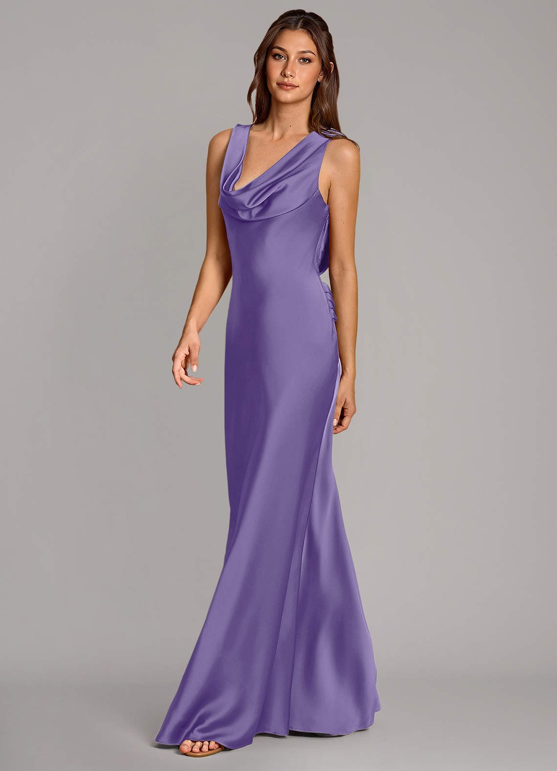 Cheryl Mermaid Cowl-Neck Stretch Satin Bridesmaid Dress in Tahiti