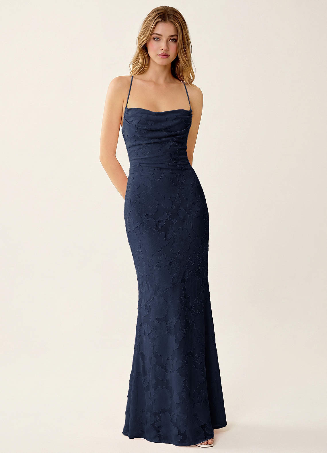 Natasha Mermaid Spaghetti-Strap Floral Burnout Evening Dress in Navy