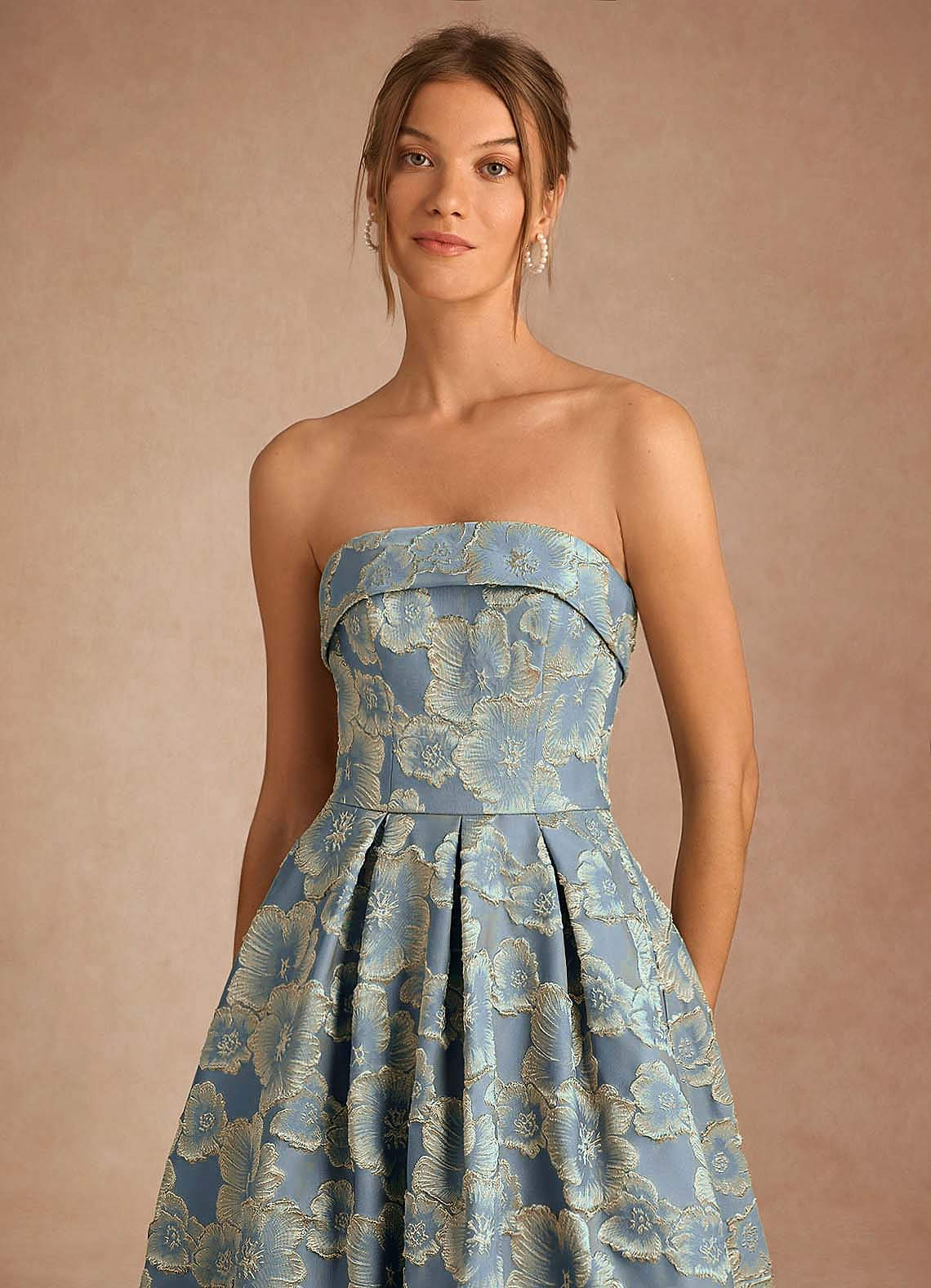 Florentine A-Line Bandeau Jacquard Taffeta Evening Dress in Lake Blue