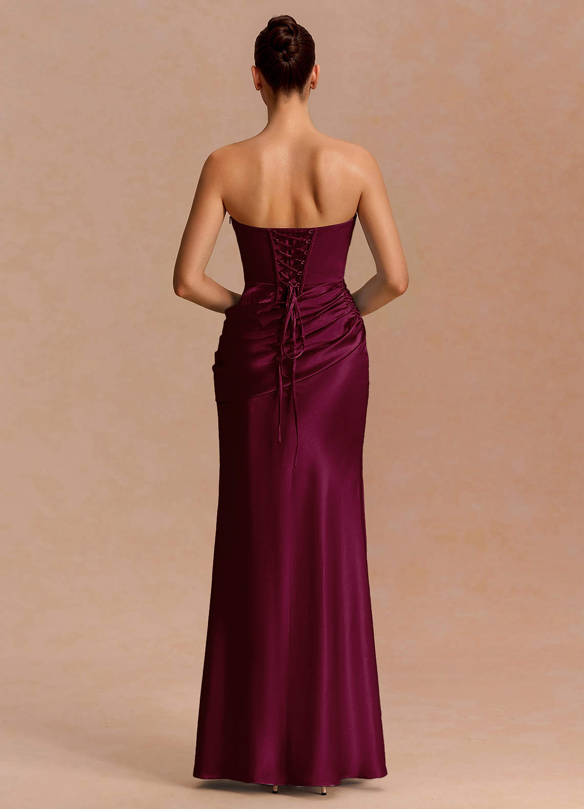 Leonie Strapless Draped-Shoulder Satin Evening Dress in Cabernet