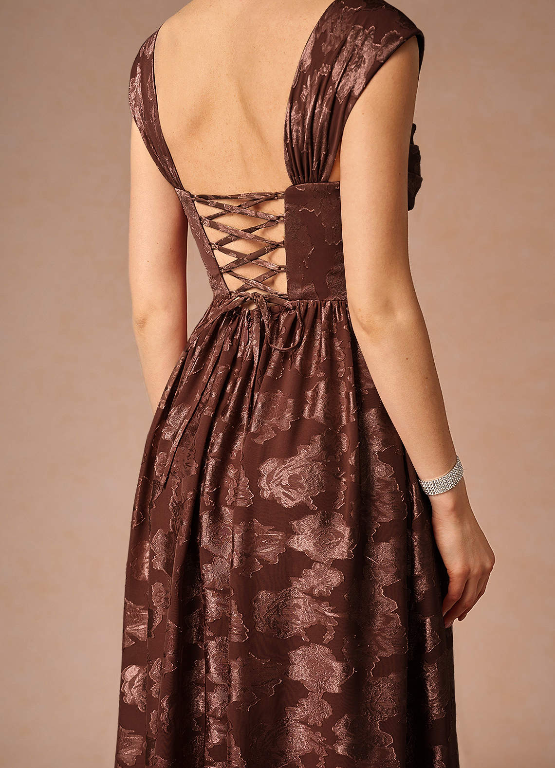 Hazel A-Line Cowl-Neck Fil Coupé Wedding Guest Dress in Mocha Coco