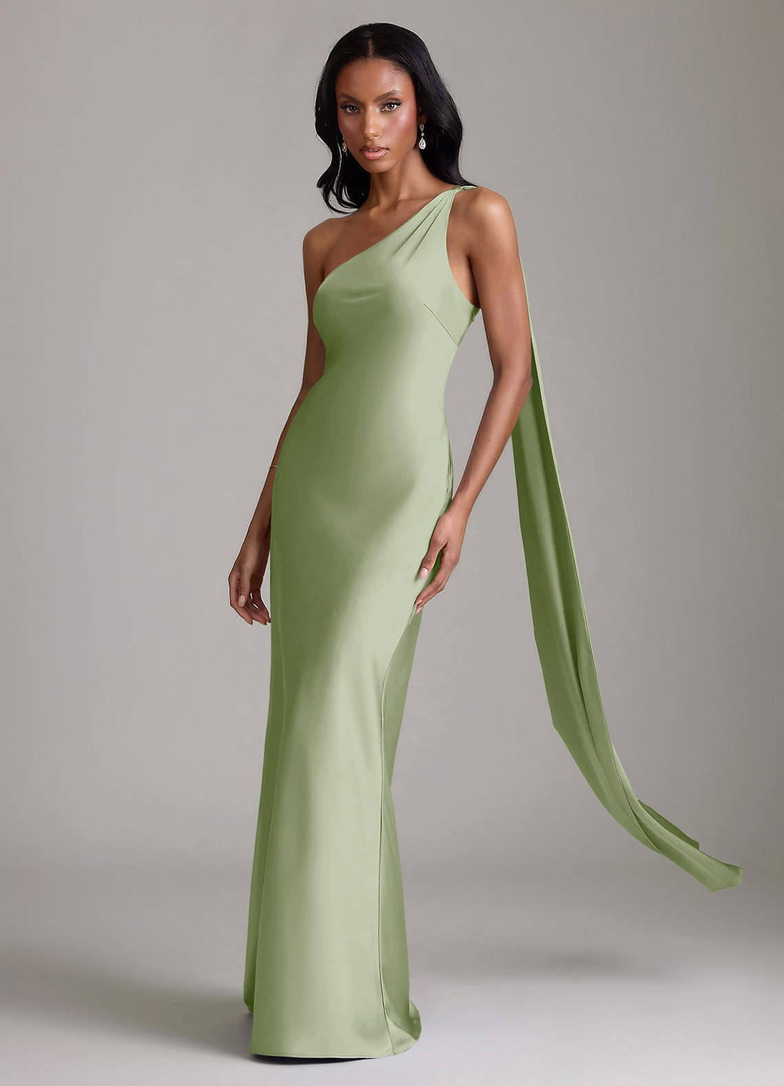 Juniper Mermaid One-Shoulder Stretch Satin Bridesmaid Dress in Dusty Sage
