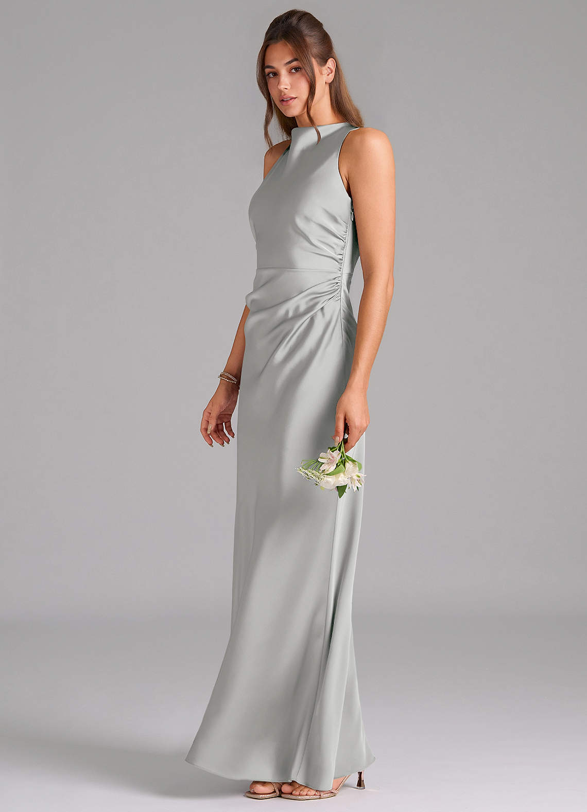 Evadne Sheath Scoop-Neck Stretch Satin Bridesmaid Dress in Silver