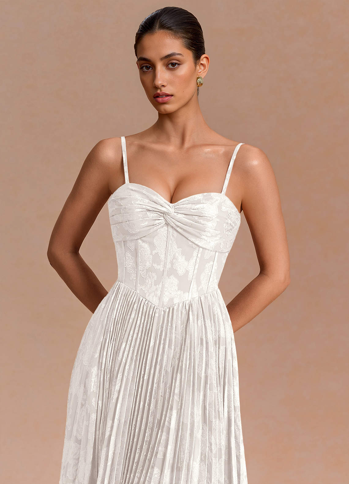 Delfina A-Line Twisted-Bust Fil Coupé Evening Dress in White