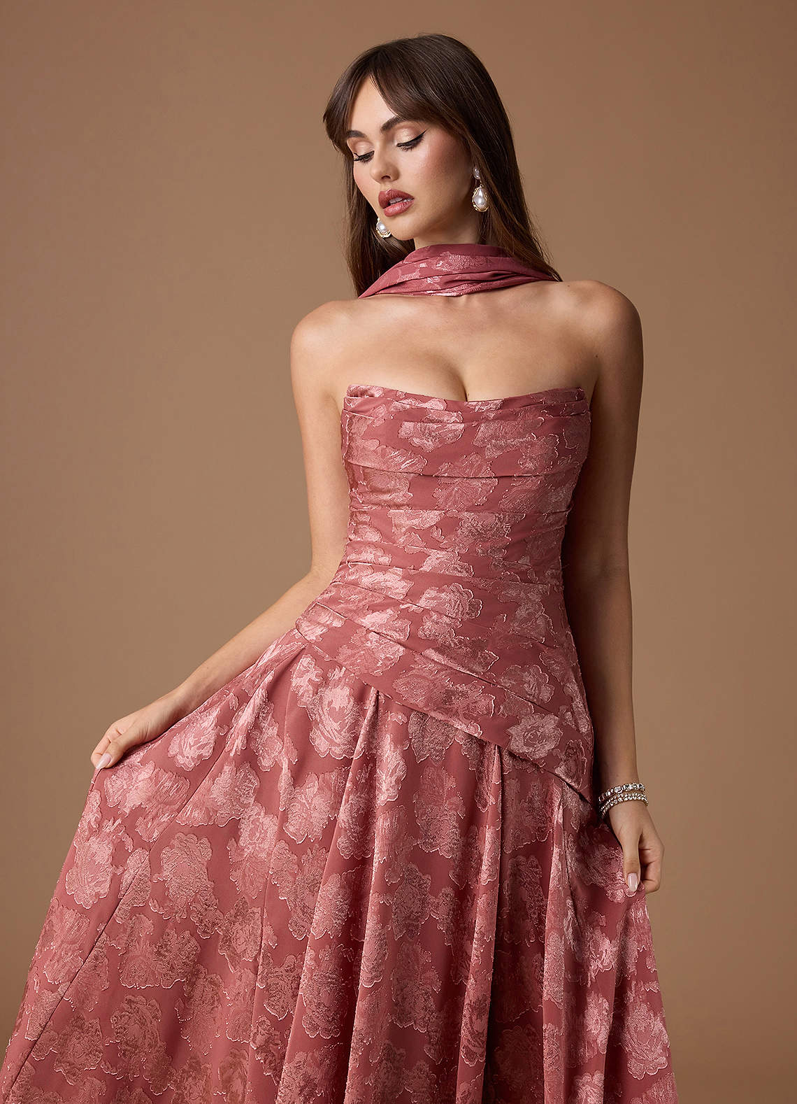 Gabriela A-Line Corset Fil Coupé Wedding Guest Dress in Vintage Rose
