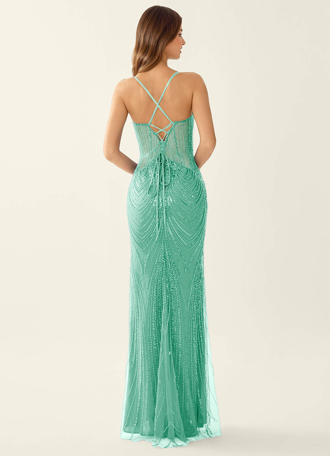 Magnolia Mermaid Beaded Sequined Stretch Mesh Evening Dress in Lake Blue