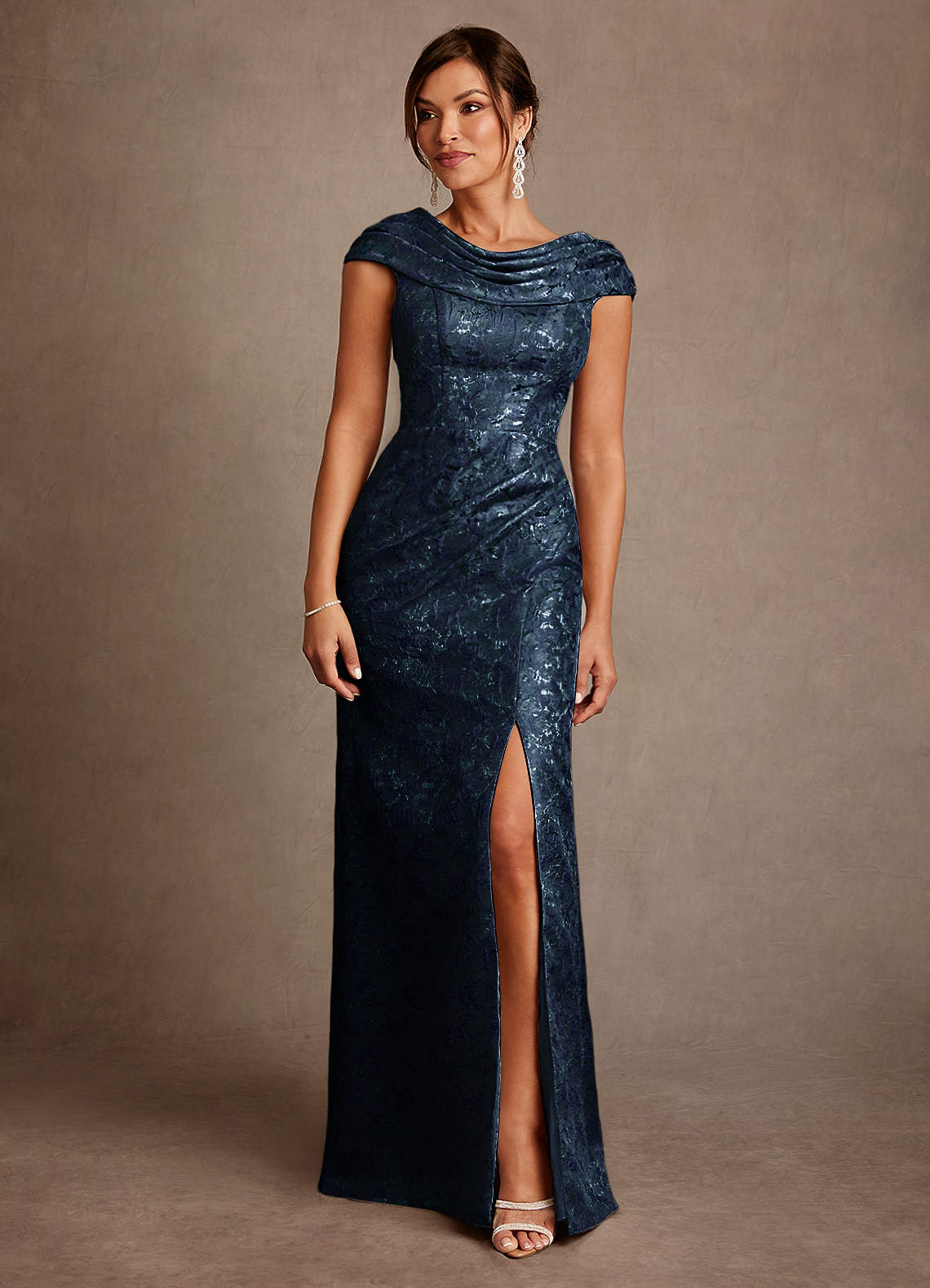 Irvine A-Line Scoop-Neck Jacquard Mother of the Bride Dress in Dark Navy