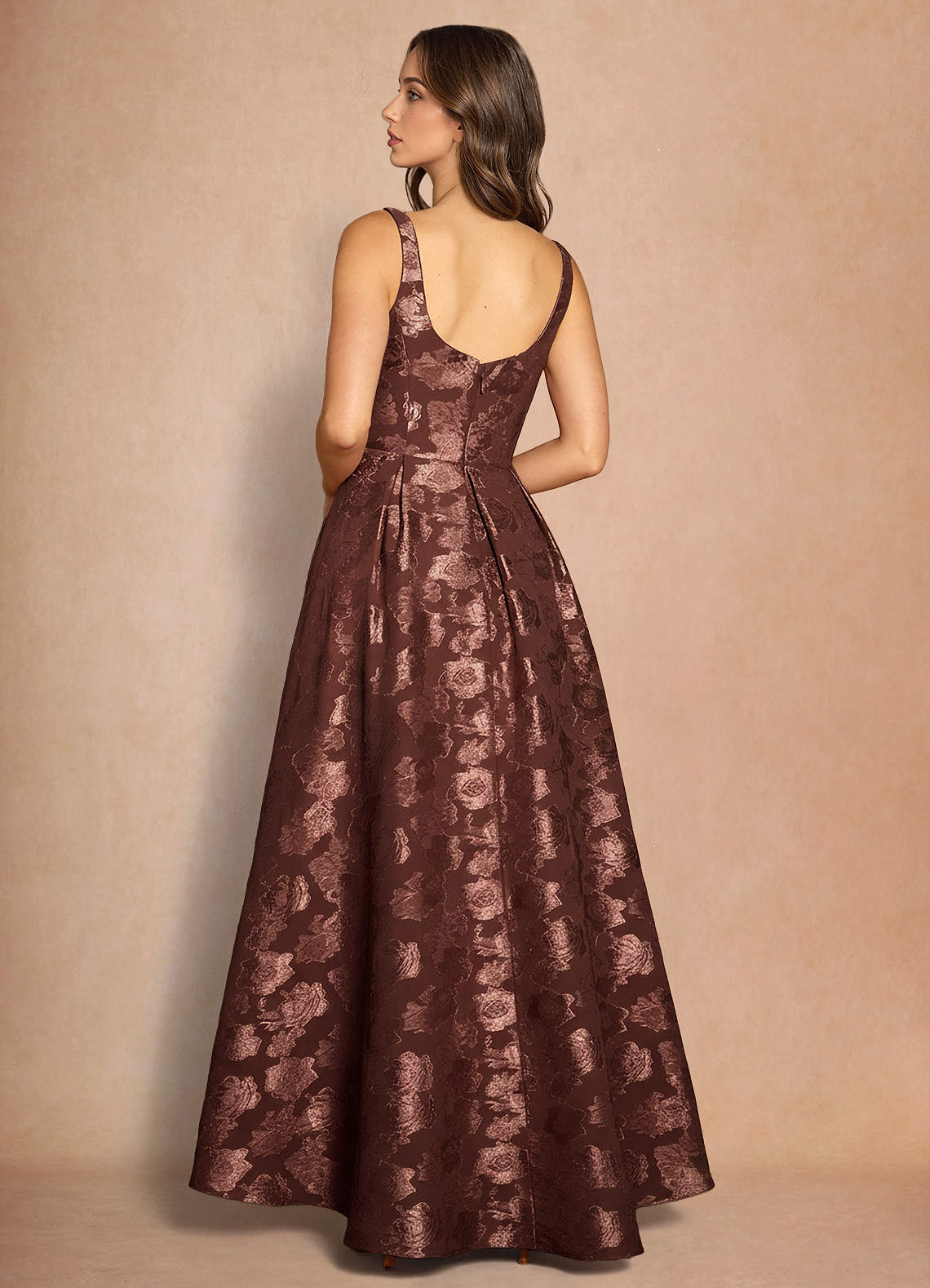 Briac A-Line Scoop-Neck Fil Coupé Evening Dress in Mocha Coco