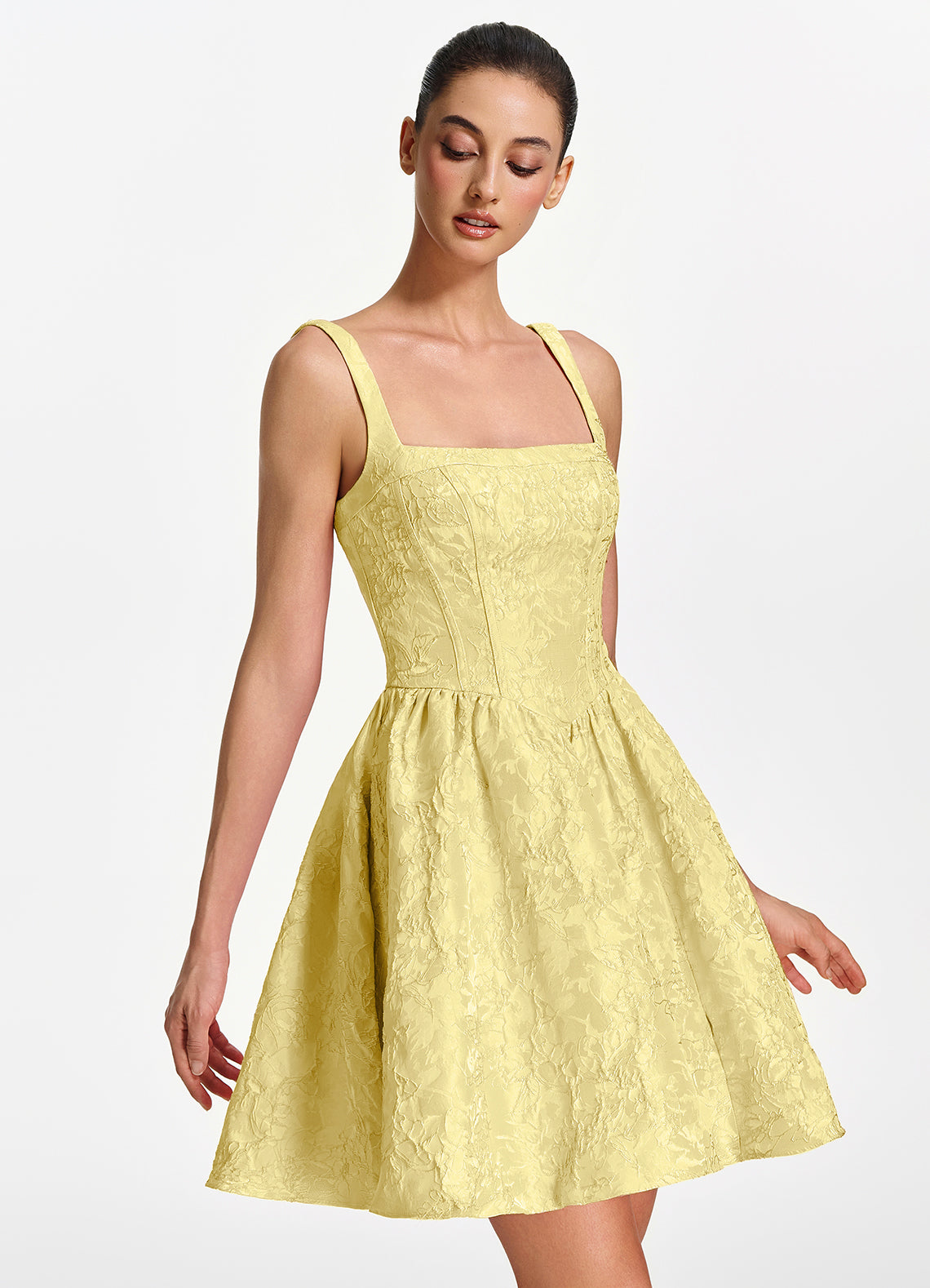 Lionelle Skater Mini Square-Neck Jacquard Prom Dress in Yellow - photo 3