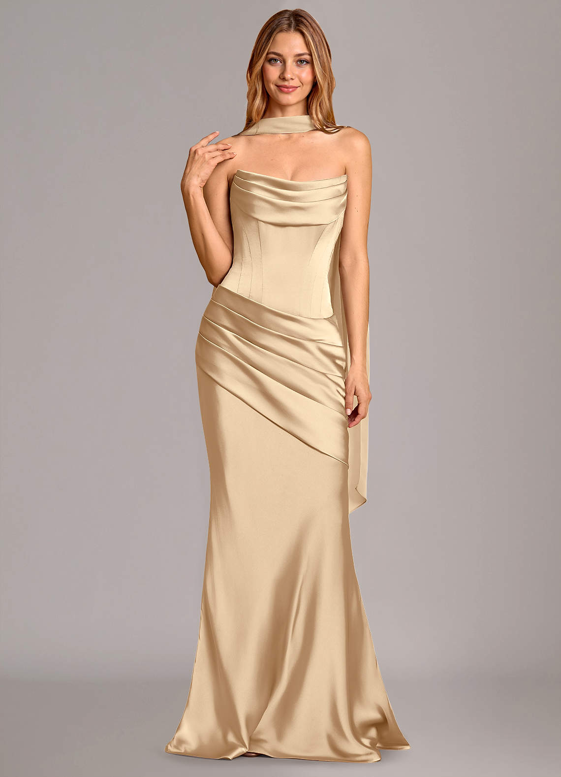 Pelagia Mermaid Cowl-Neck Stretch Satin Bridesmaid Dress in Champagne