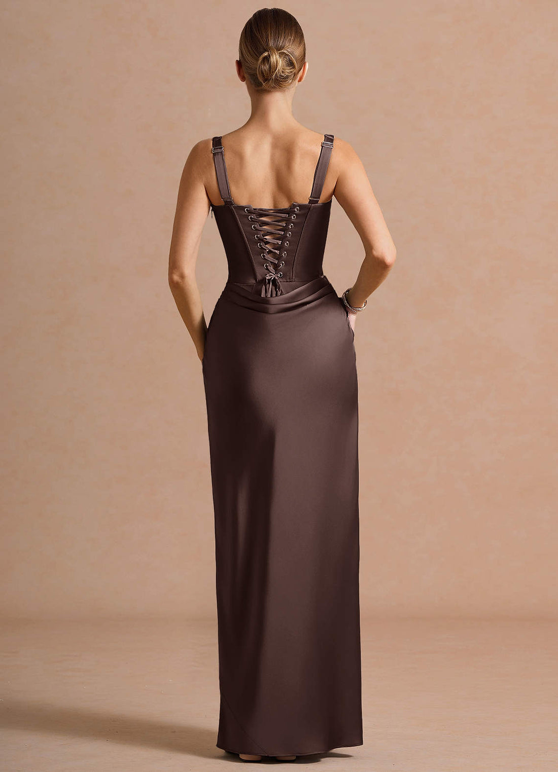 Keturah Lace-Up Slit Stretch Satin Wedding Guest Dress in Truffle