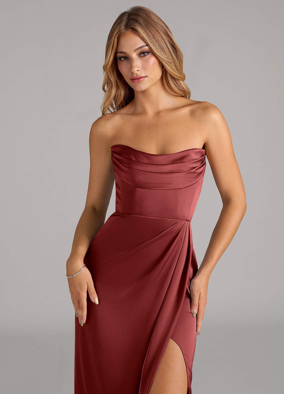Johana Mermaid Off-the-Shoulder Stretch Satin Bridesmaid Dress in Terracotta