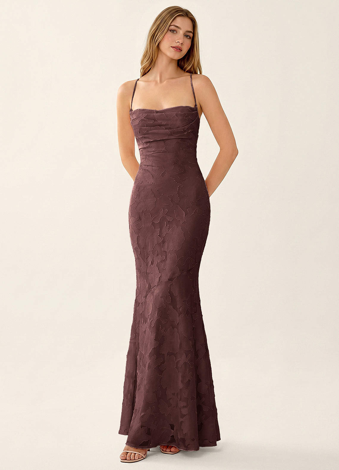 Natasha Mermaid Spaghetti-Strap Floral Burnout Evening Dress in Mocha Coco