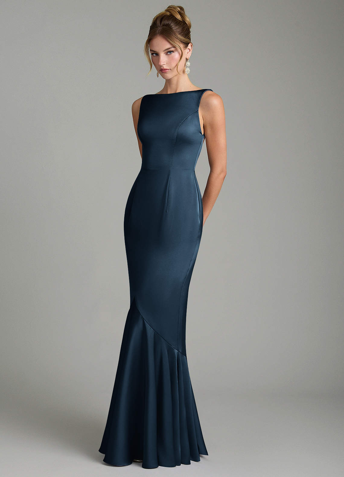 Tamera Mermaid Boat-Neck Stretch Satin and Chiffon Bridesmaid Dress in Dark Navy