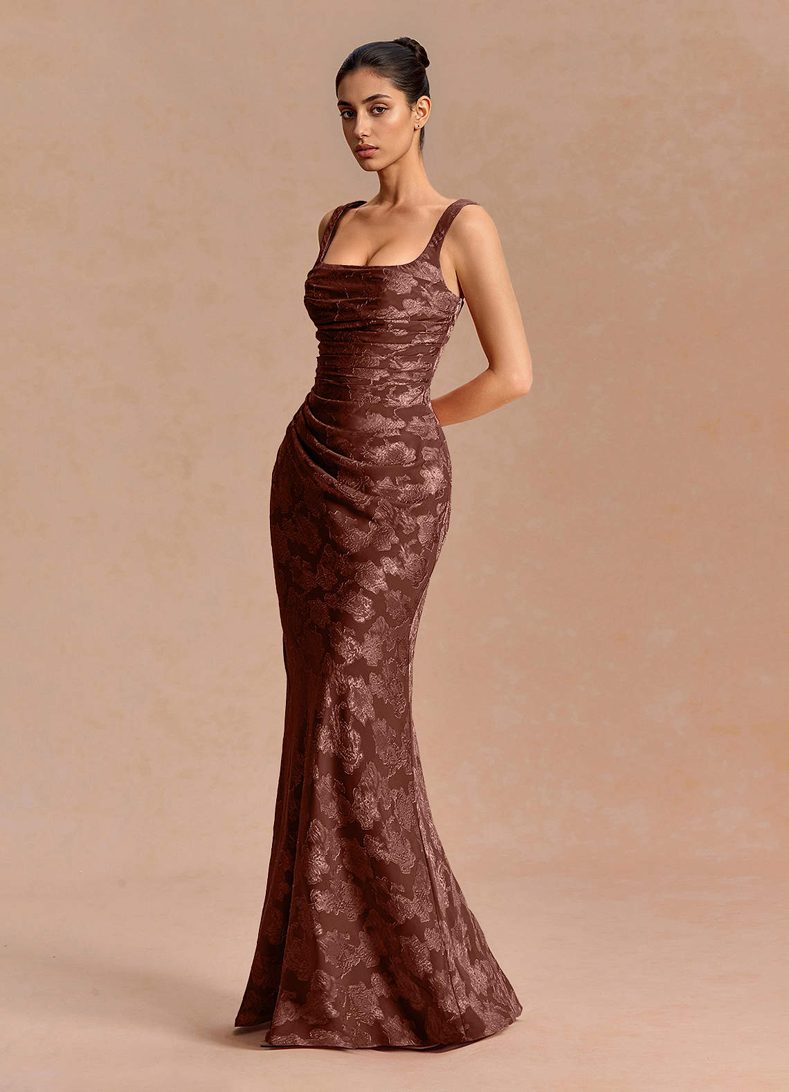 Agustina Square-Neck Pleated Fil Coupé Evening Dress in Mocha Coco