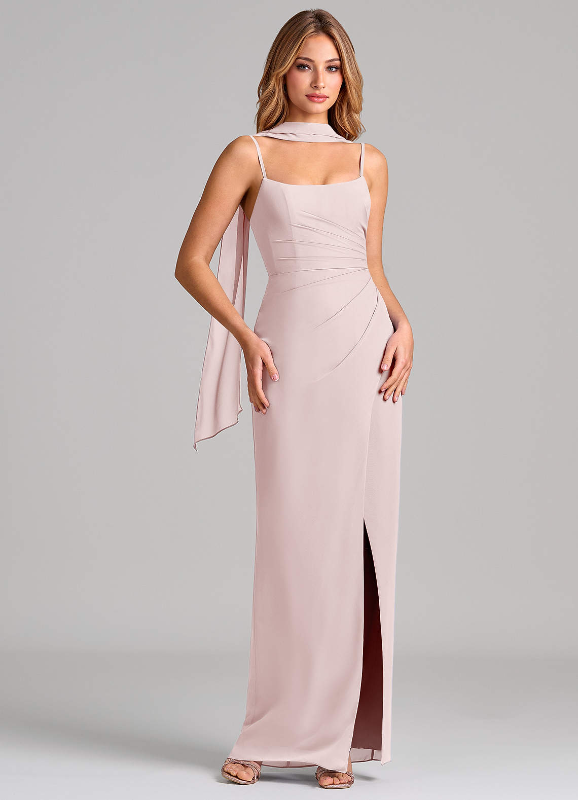 Calandra Sheath Scoop-Neck Chiffon Bridesmaid Dress in Blushing Pink